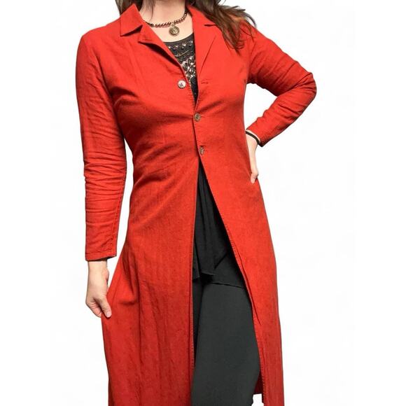 Vintage 90s Long Duster Cardigan Sz 6 Runs Big Boho Fall Fashion High Split Hem - Picture 1 of 7